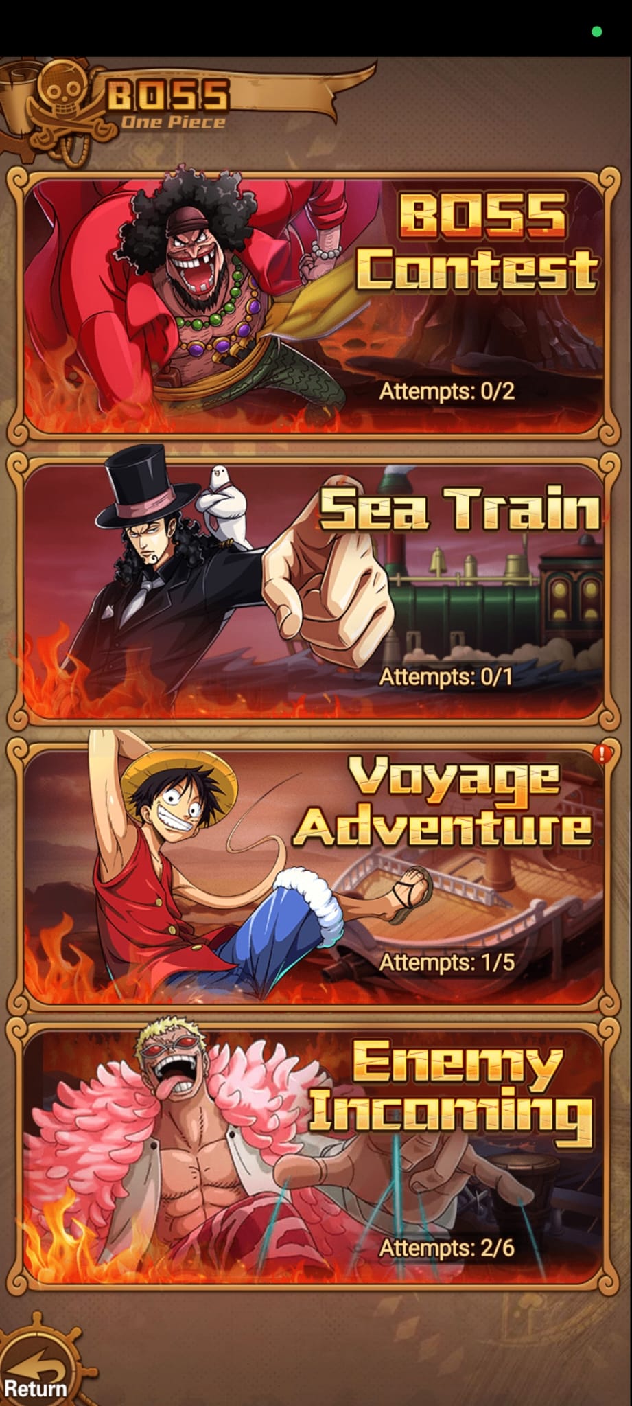 Menú Boss con Boss Contest, Sea Train, Voyage Adventure y Enemy Incoming