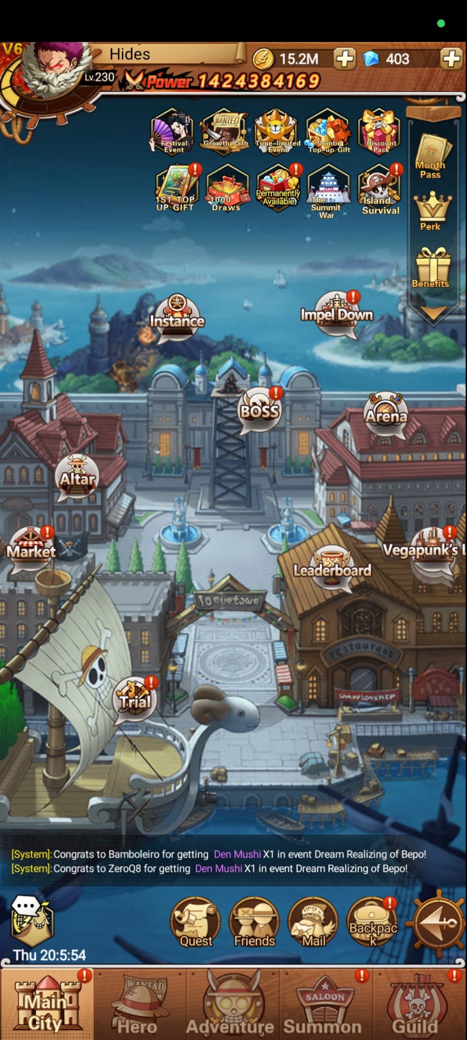 Pantalla de ciudad principal de One Piece Idle Pirate