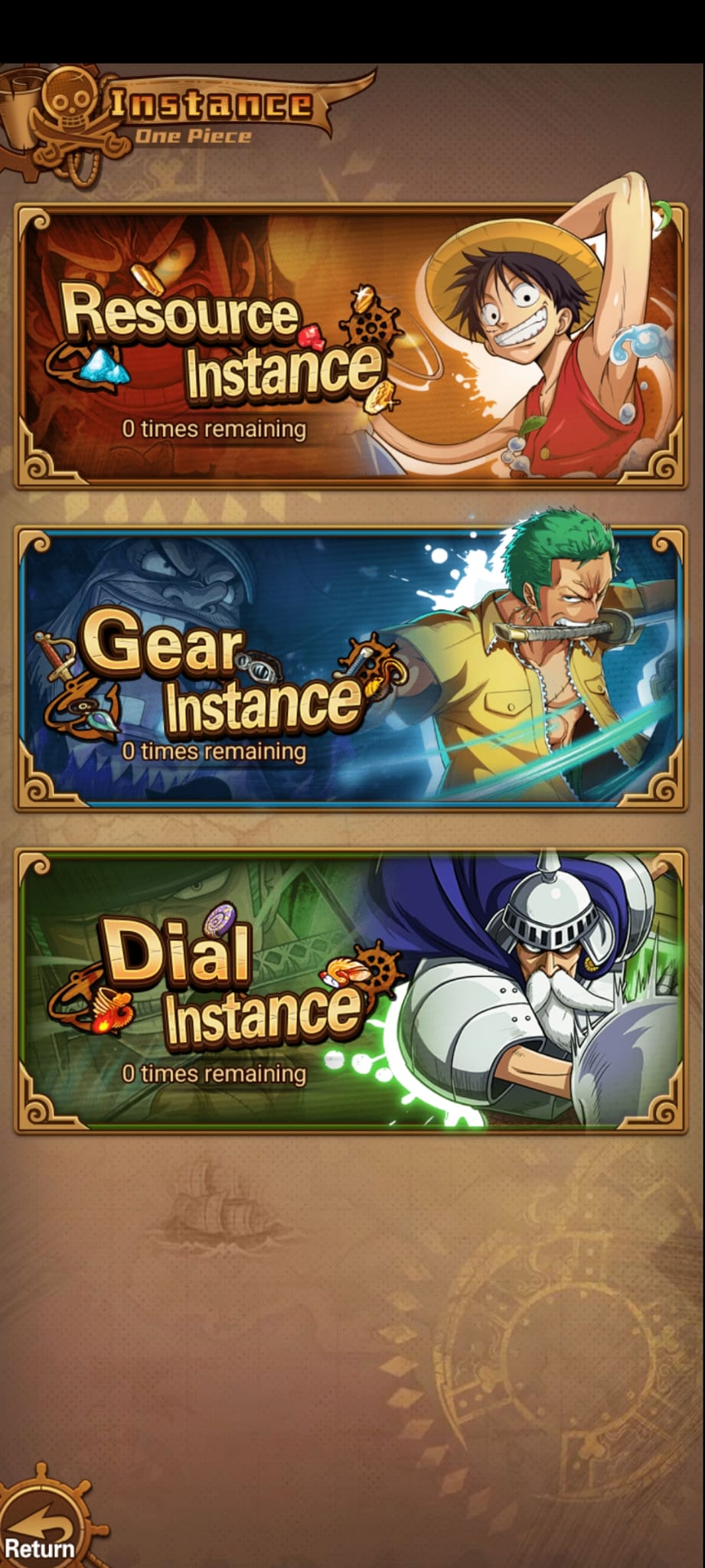 Menú de Instance con Resource, Gear y Dial